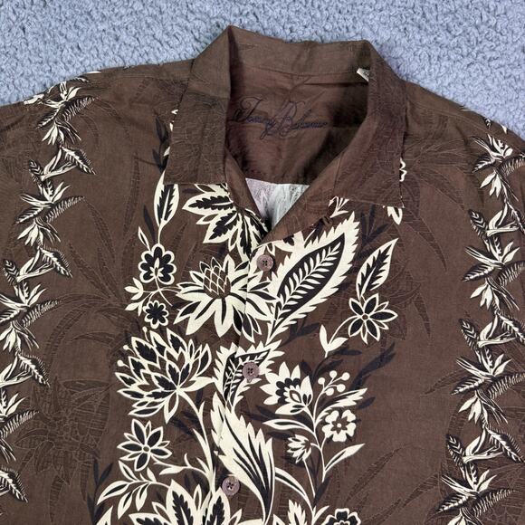 Tommy Bahama Shirt Mens M Brown Floral Leaves Silk Camp Loop Collar Hawaiian - Picture 1 of 7